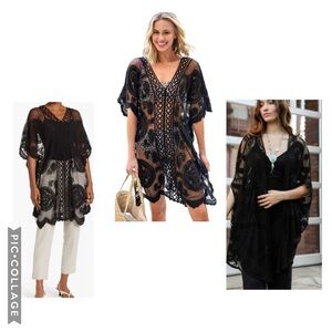 SOL & SEA BLACK EMBROIDERED SHEER LACE KIMONO TUNIC / DOUBLES AS SWIM COVER